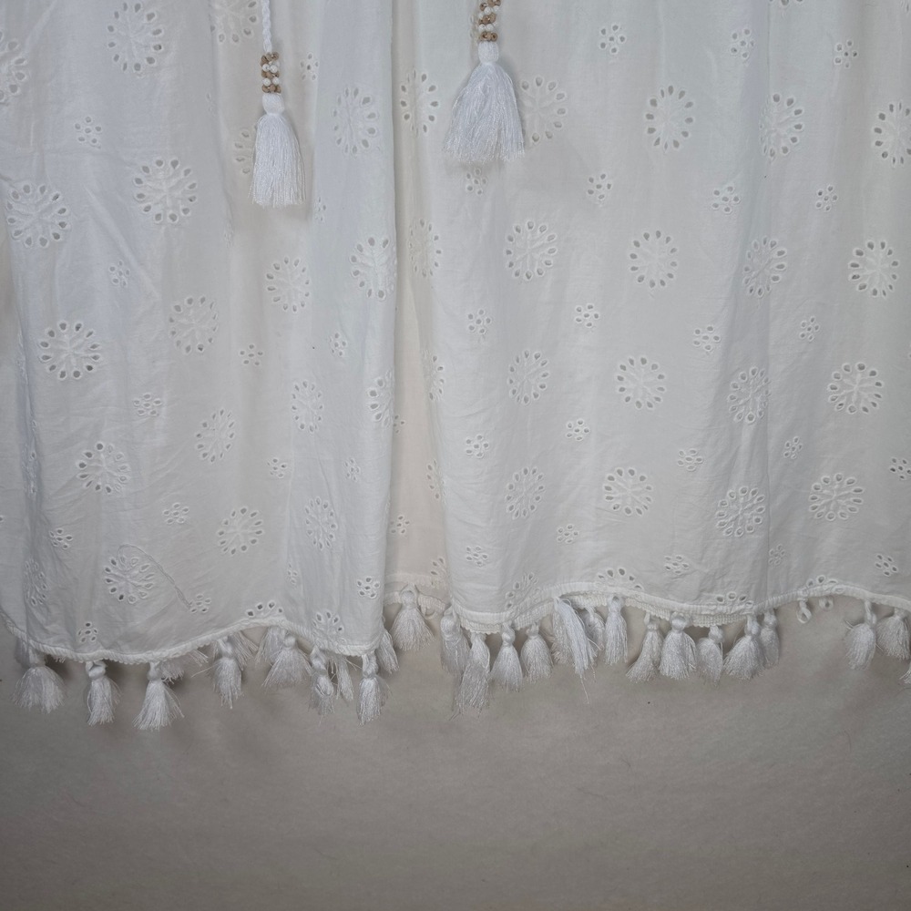 Cynthia Rowley White Eyelet Tunic Top Tassel Fringe Cotton Blouse Large - Picture 6 of 9